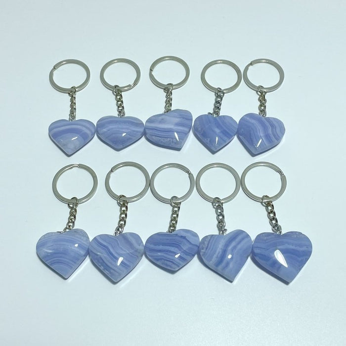 10 Pieces Blue Lace Agate Heart Keychain - Wholesale Crystals