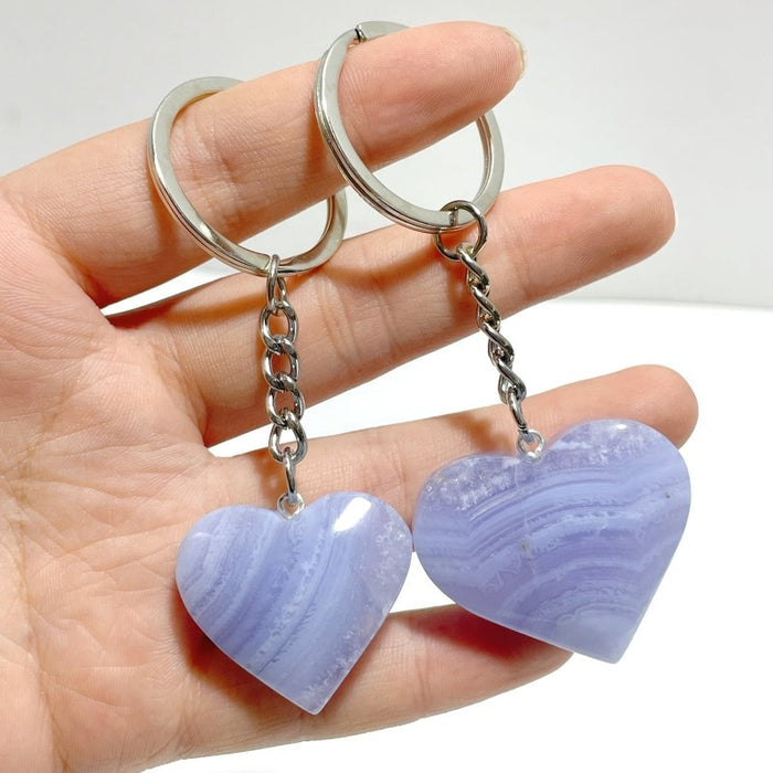 10 Pieces Blue Lace Agate Heart Keychain - Wholesale Crystals