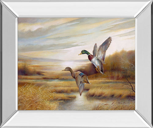 22x26 Mallards By Ruanne Manning And Mossy Oak Native Living - Mirror Framed Print Wall Art - Light Brown