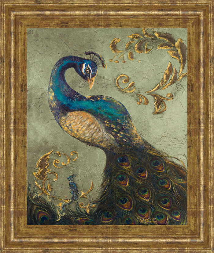 22x26 Peacock On Sage Il By Tiffany Hakimipour - Framed Print Wall Art - Beige