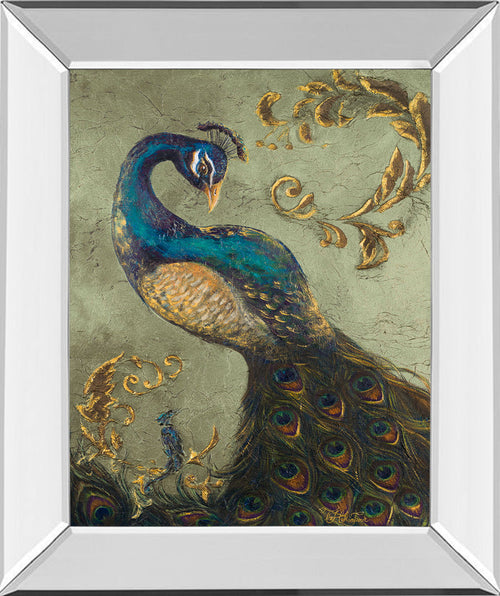 22x26 Peacock On Sage Il By Tiffany Hakimipour - Mirror Framed Print Wall Art - Beige