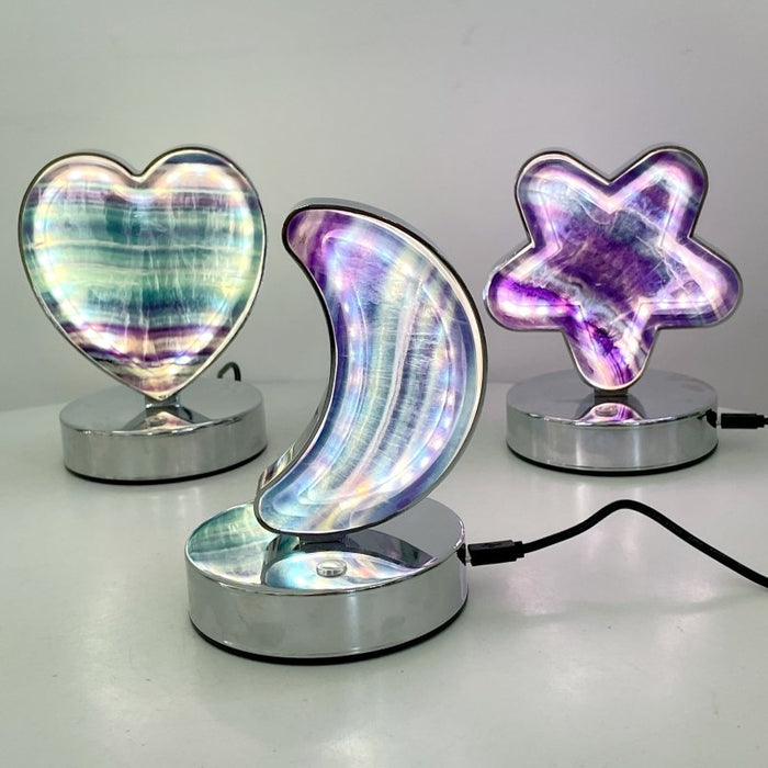 Beautiful Fluorite LED Table Lamp Flower Moon & Heart Shape - Wholesale Crystals