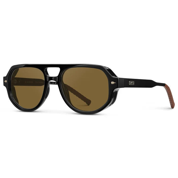 Black / Amber || Side view of Men's Geometric Aviator Prescription Sunglasses with Black Frame and Amber Lens on a white background