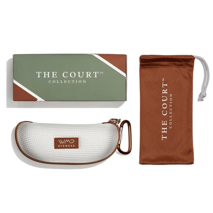 Black / Amber || Court Packaging with Multicolored Box, White Hard Shell Case with Brown Zipper and Brown Microfiber Pouch