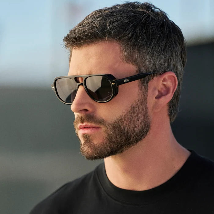 Black / Grey || Man wearing Geometric Aviator Prescription Sunglasses with Black Frame and Grey Lens outdoors