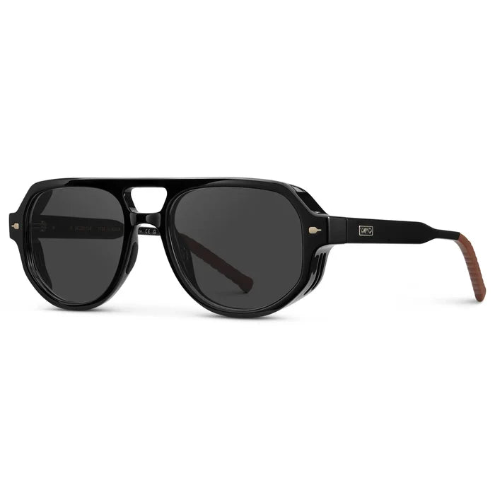Black / Grey || Side view of Men's Geometric Aviator Prescription Sunglasses with Black Frame and Grey Lens on a white background