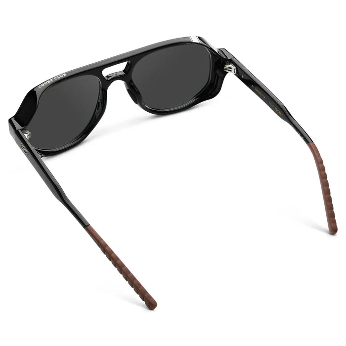 Black / Grey || Back view of Men's Geometric Aviator Prescription Sunglasses with Black Frame and Grey Lens on a white background