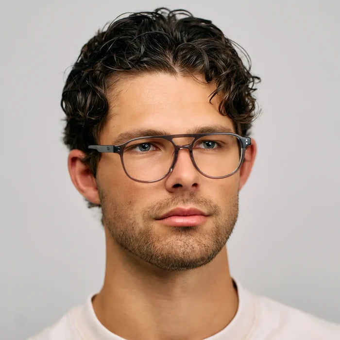 Steel Grey || Model wearing Men's Aviator Prescription Glasses with Steel Grey Acetate Frame and Clear Lens