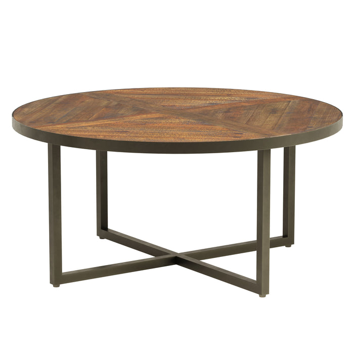 Denton - Round Coffee Table With Round, Pieced Top And Metal Base - Antique Pine And Steel Gray