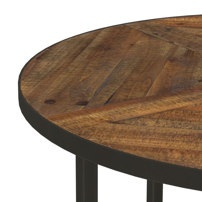 Denton - Round Coffee Table With Round, Pieced Top And Metal Base - Antique Pine And Steel Gray