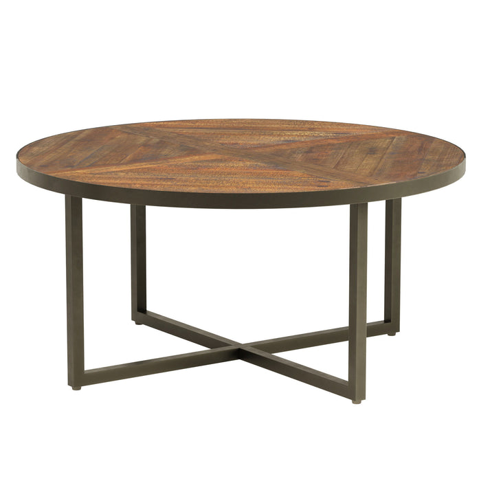 Denton - Round Coffee Table With Round, Pieced Top And Metal Base - Antique Pine And Steel Gray