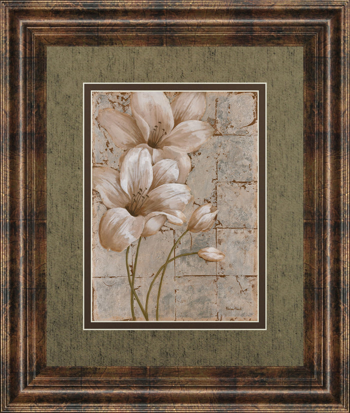 Lilies On Silver I By Vivian Flasch - Framed Print Wall Art - Light Brown