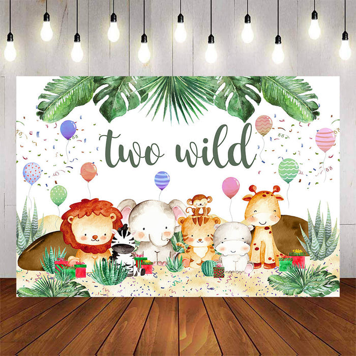 Mocsicka Baby Animals and Plam Leaves Two Wild Birthday Backdrop-Mocsicka Party