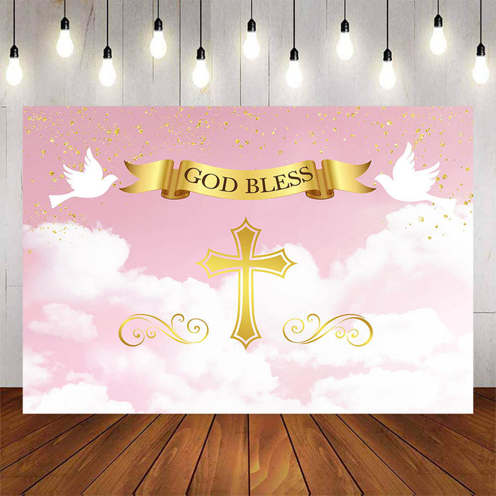 Mocsicka White Dove Gold Cross God Bless Baby Shower Background-Mocsicka Party