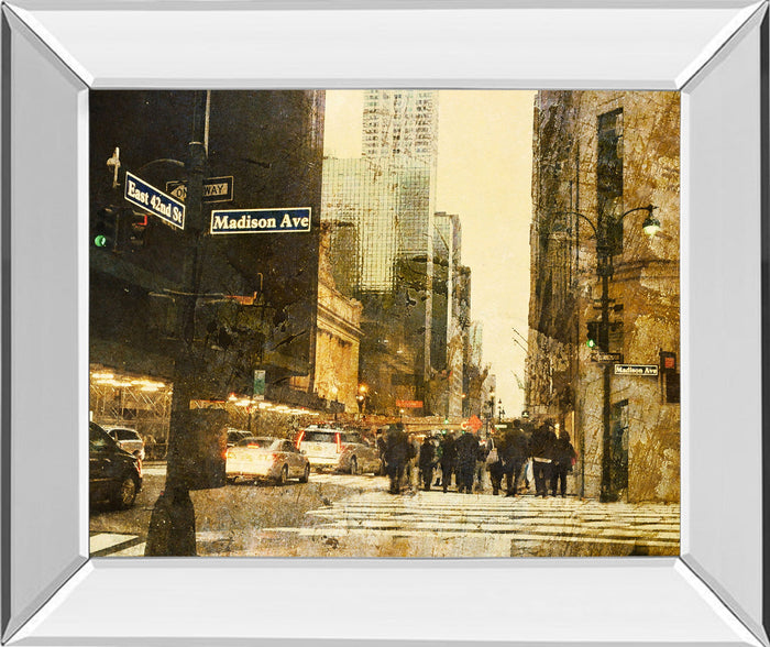 New York Streets By Acosta - Mirror Framed Print Wall Art - Light Brown