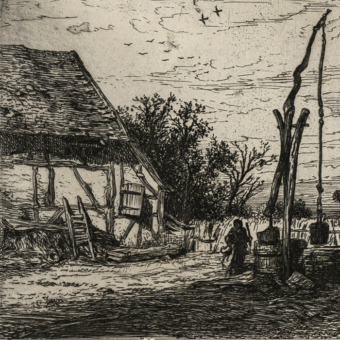 Charles JACQUE - Puits dans la Cour de Ferme - Etching - 1845 - detail