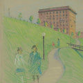 George T Tobin - Riverside Drive - Pastel - women walking down path on green hill - detail