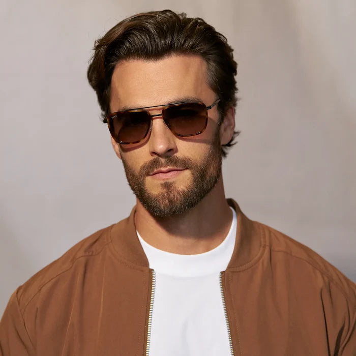 Brown Tortoise / Grey Brown Gradient Lens || Model wearing Men's Aviator Sunglasses with Brown Tortoise frame and Grey Brown Gradient Lens