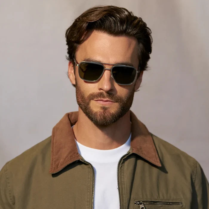 Smoke Grey / Smoke Green Lens || Model wearing Men's Aviator Sunglasses with Smoke Grey frame and Smoke Green Lens