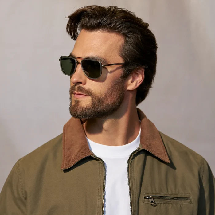 Smoke Grey / Smoke Green Lens || Model wearing Men's Aviator Sunglasses with Smoke Grey frame and Smoke Green Lens